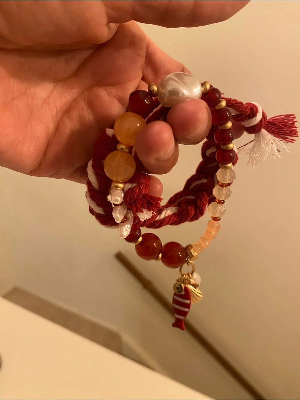 Nautical Red Beaded Charm & Braided Bracelet Set – New